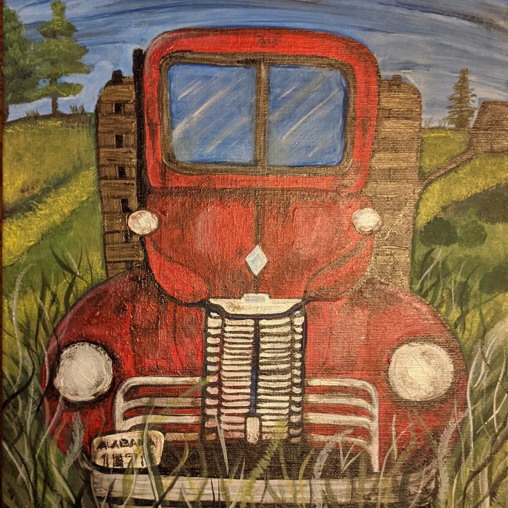 PAINTING on Canvas 10" x 12" Red Farm Truck One-of-a-Kind Original